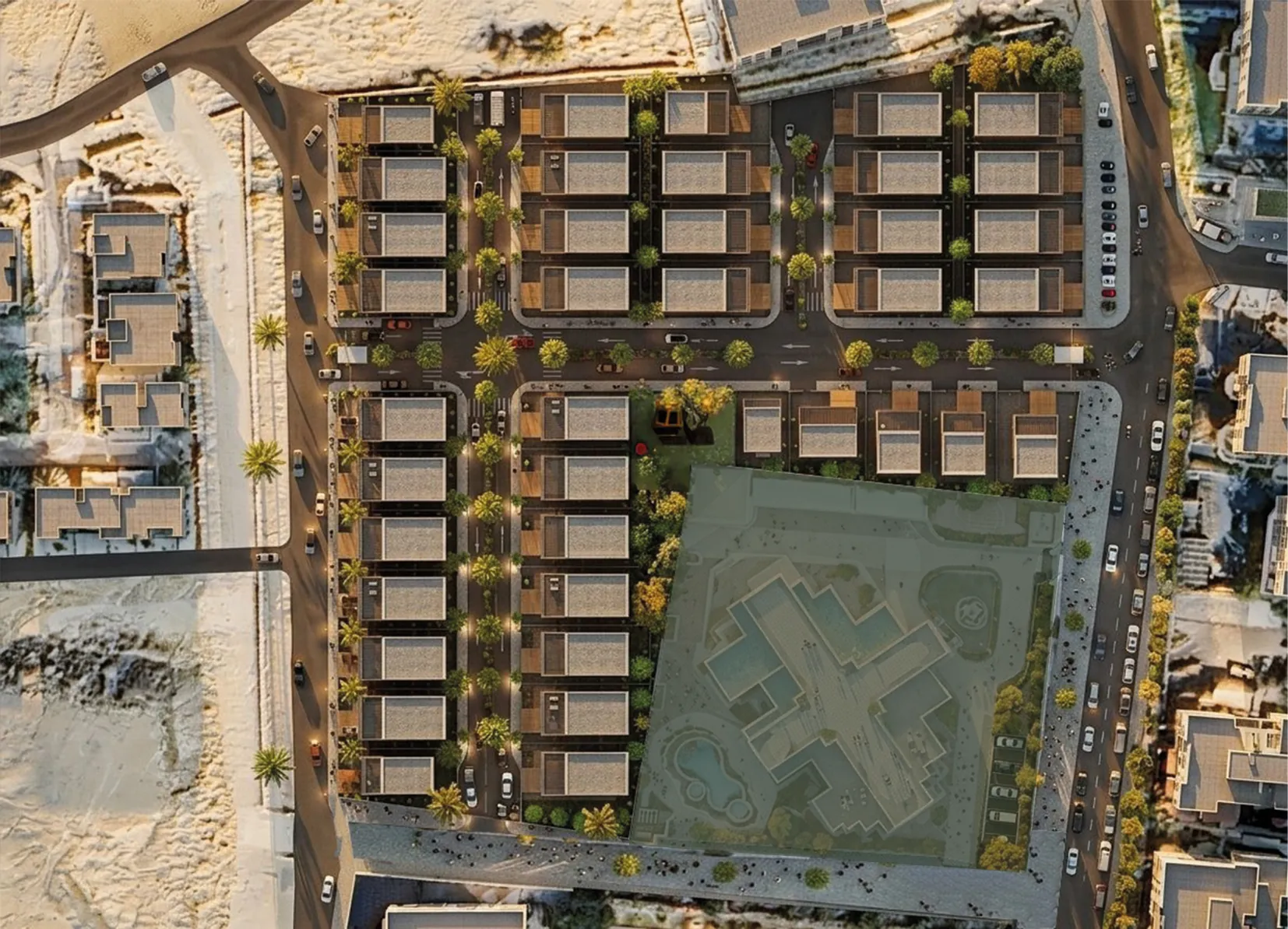 Top-down masterplan of the gated compound with villas, walkway and clubhouse