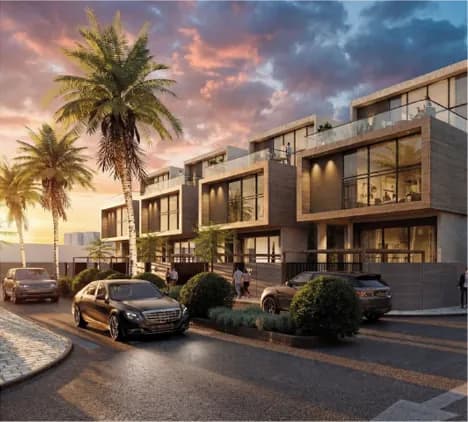 Villas along the internal street at sunset